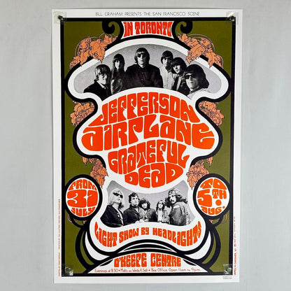 Poster for 'Jefferson Airplane/Grateful Dead’ featuring bold orange text, black-&-white band photos, and orange leaf motifs.