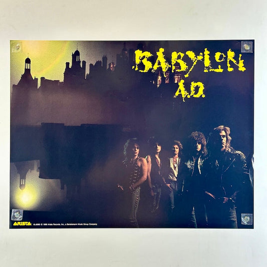 Poster of album cover for 'Babylon A.D.' with band members and cityscape in the background