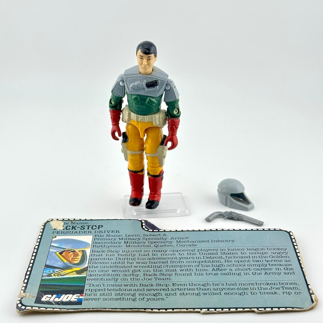 GI Joe action figure with accessories and card against white background. 