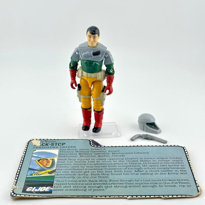 GI Joe action figure with accessories and card against white background. 
