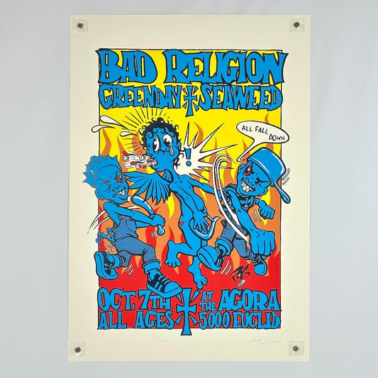 Poster for a concert featuring Bad Religion, Green Day, and Seaweed with cartoon characters on a beige background.