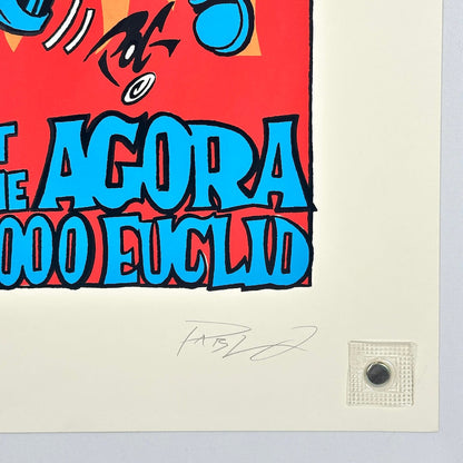 Colorful poster with text and signature on a light gray background