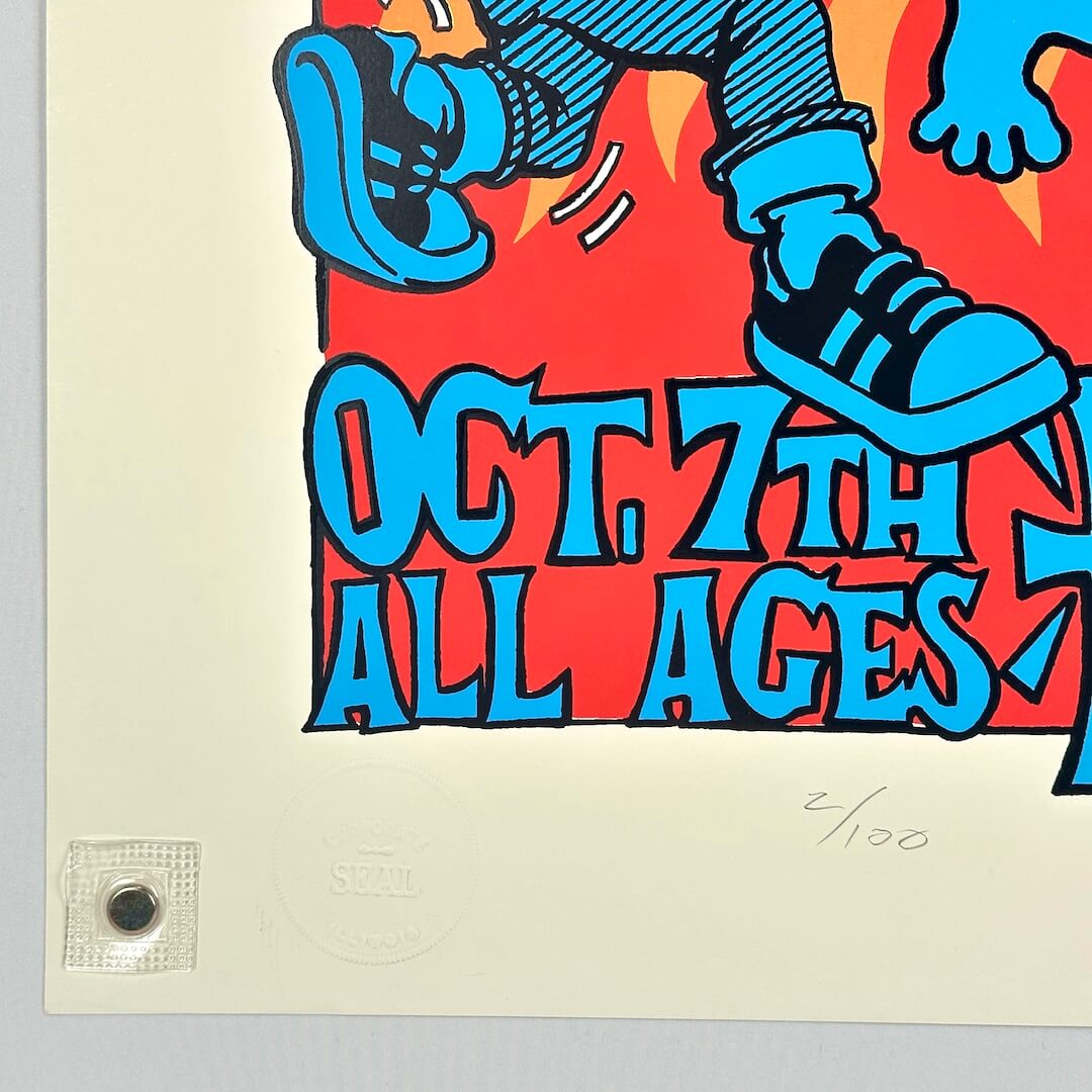 Artistic poster with blue shoes and text 'Oct 7th All Ages' on a red and beige background