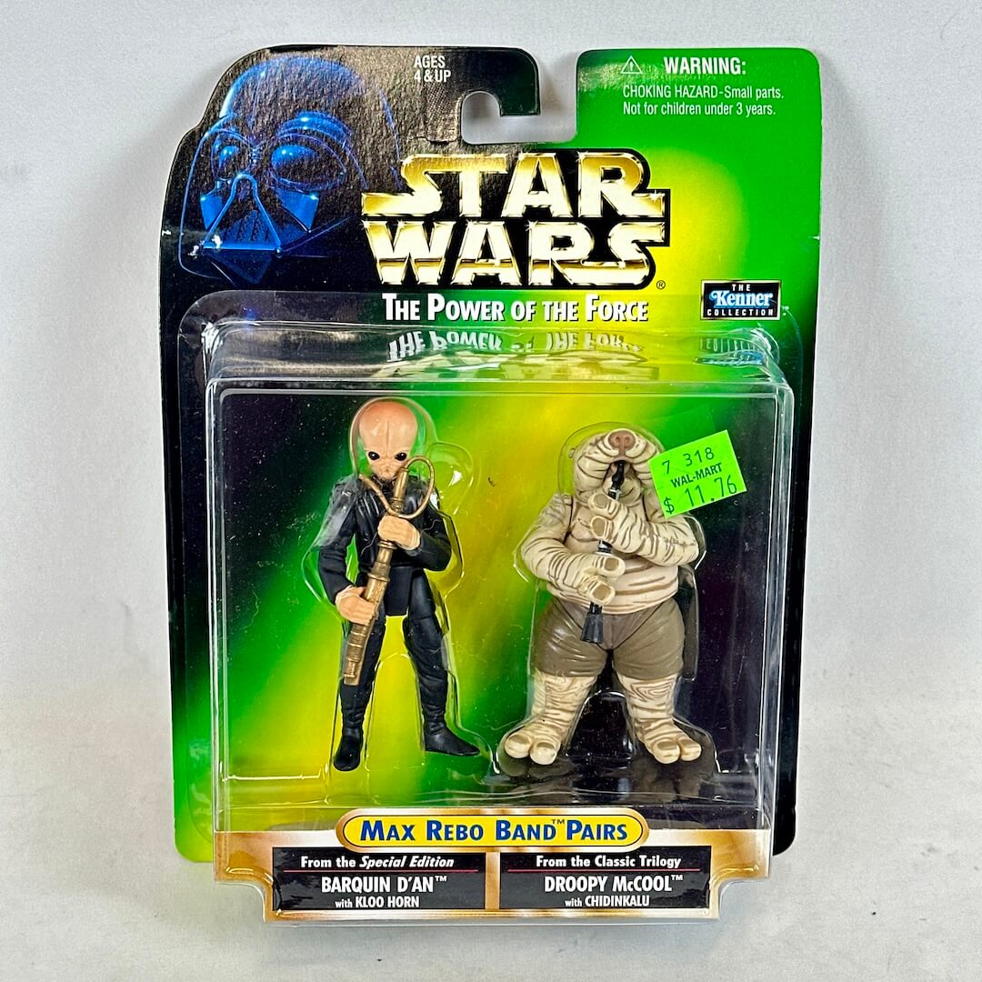 Star Wars action figure packaging featuring Max Rebo and Droopy McCool on a white background