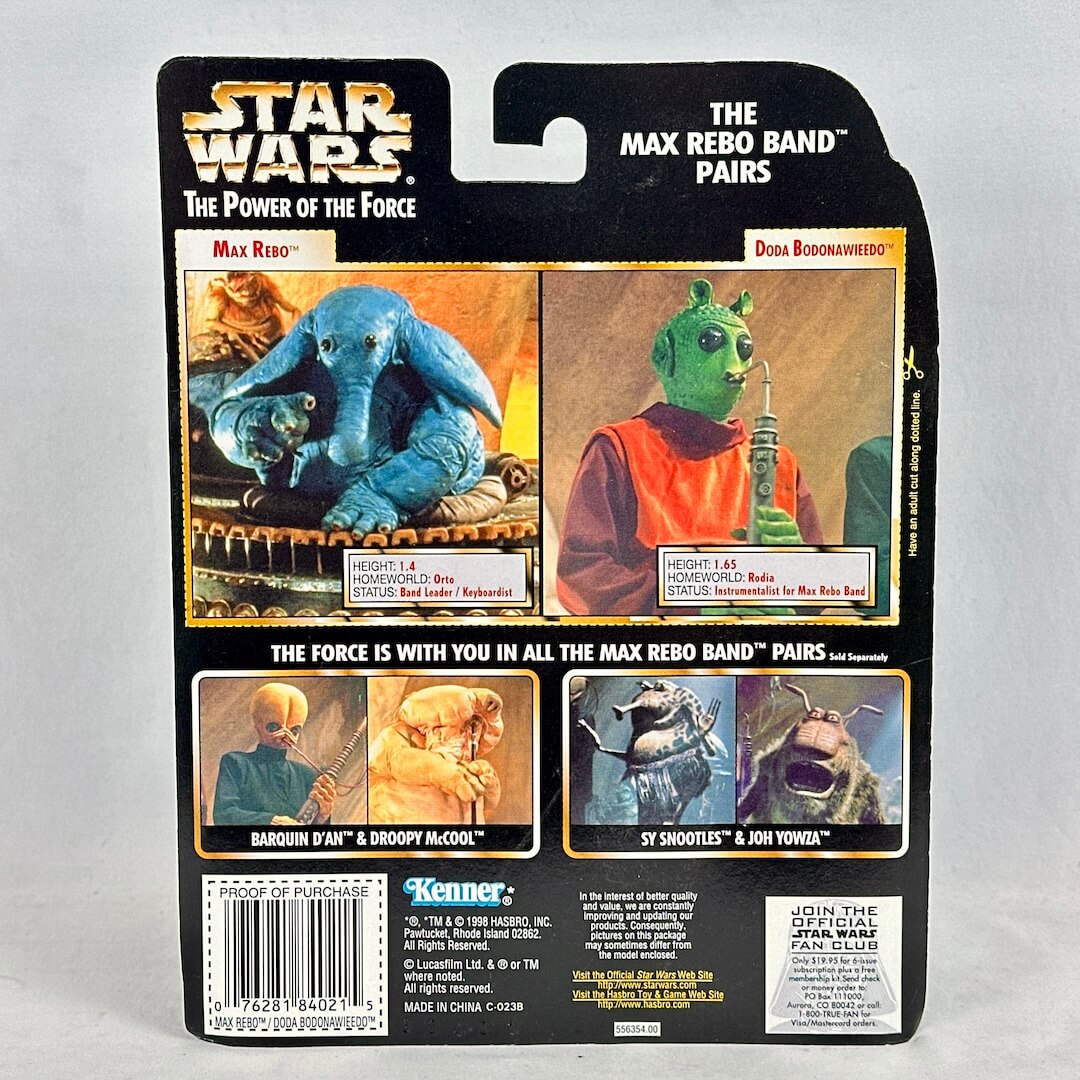 Star Wars action figure packaging with Max Rebo and others on a gray background