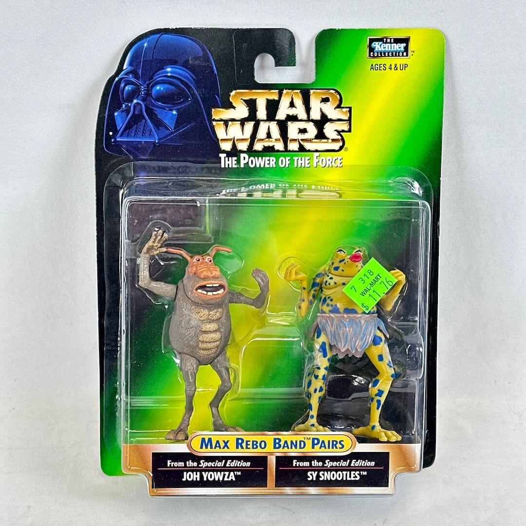 Star Wars action figures in packaging with 'Max Rebo Band Pairs' on a white background