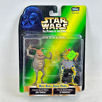 Star Wars action figures in packaging with 'Max Rebo Band Pairs' on a white background