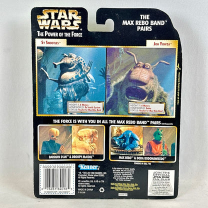 Star Wars action figure packaging with Max Rebo and Droopy McDool on a gray background