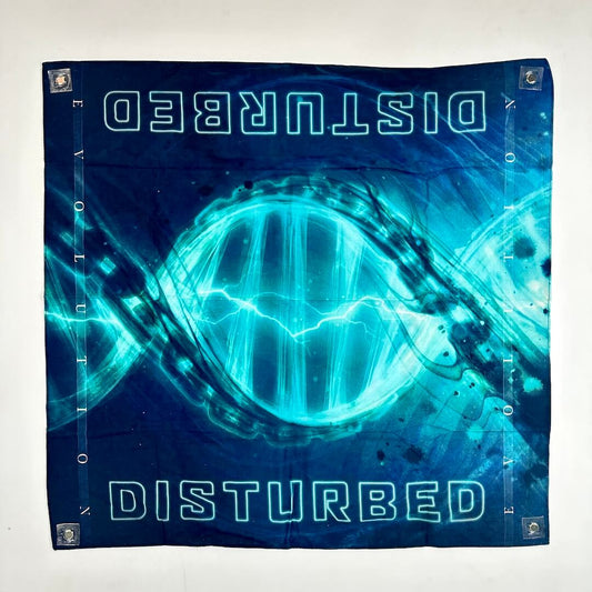 Bandana with 'Disturbed' logo and design on a blue background
