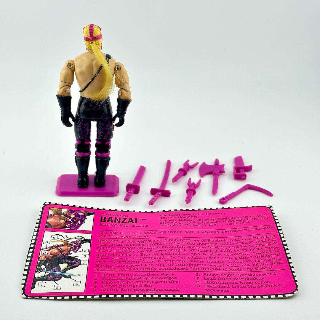 Toy figure with accessories and pink instruction sheet on a white background