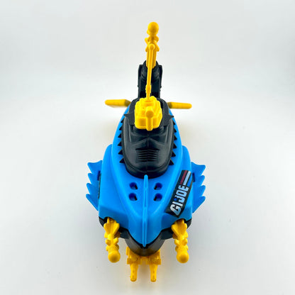 Toy submarine model with yellow periscopes and antennas on a white background