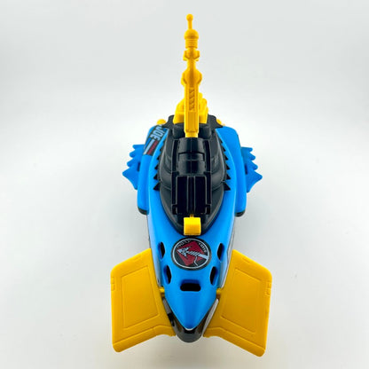 Toy submarine model with yellow periscopes and antennas on a white background