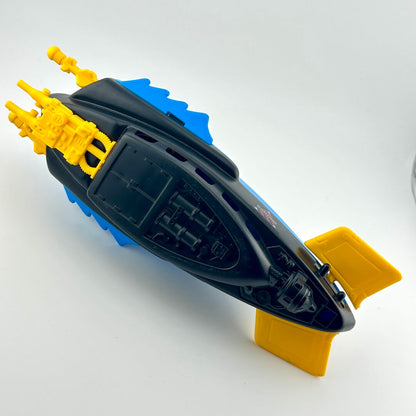 Toy submarine model with yellow periscopes and antennas on a white background