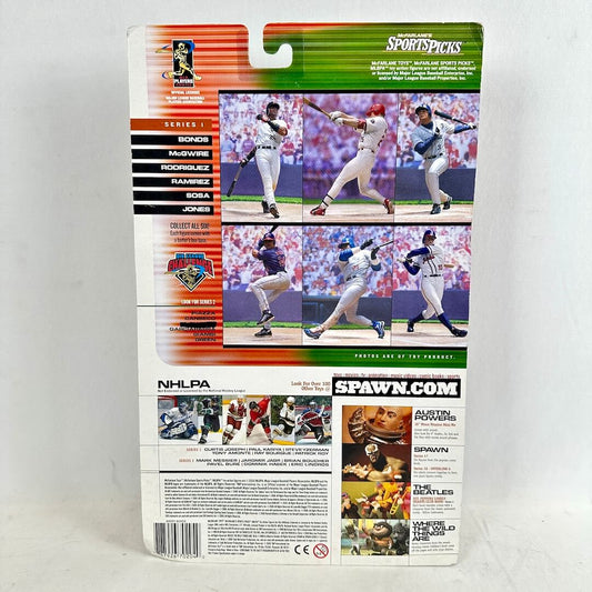Baseball player action figure packaging with images of players and branding on a white background
