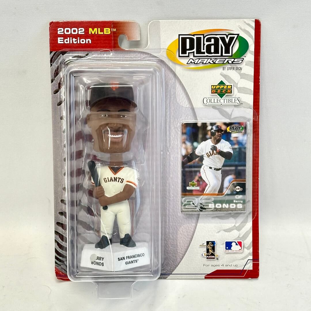 Baseball bobblehead figure in packaging with 'Playmakers' branding on a gray background