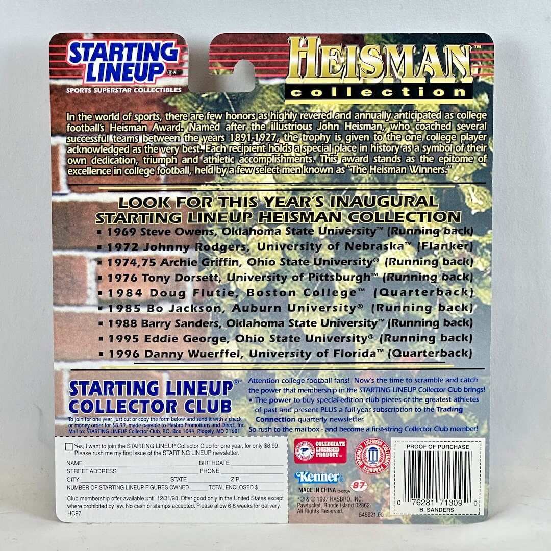 Starting Lineup Heisman Collection packaging with text and branding on a gray background