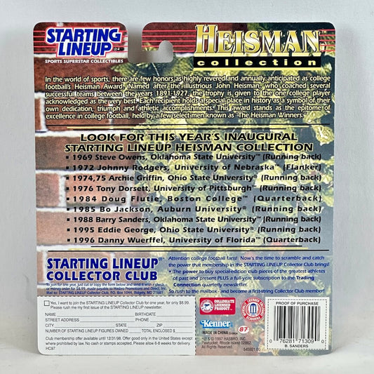 Starting Lineup Heisman Collection packaging with text and branding on a gray background