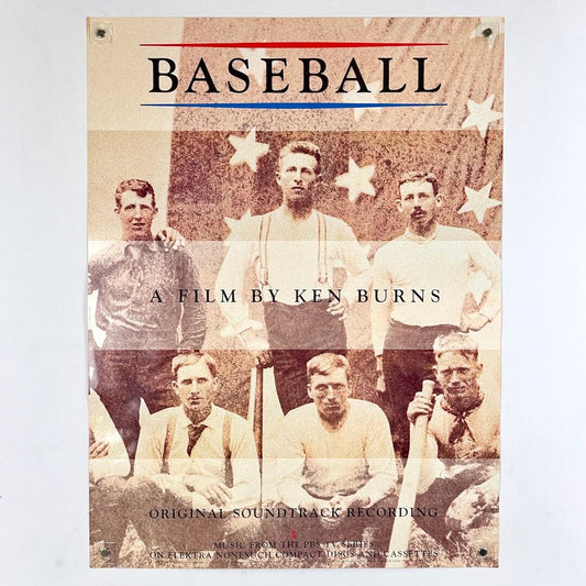 Poster for 'Baseball' film by Ken Burns featuring vintage baseball players and American flag.