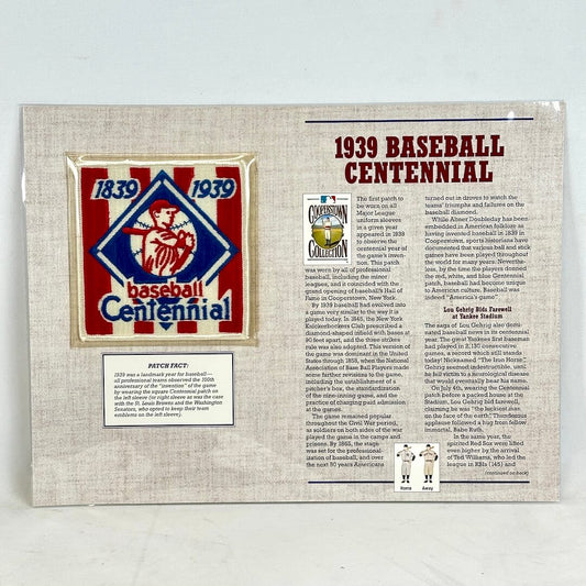 Document with 1939 Baseball Centennial patch and text on white background. 