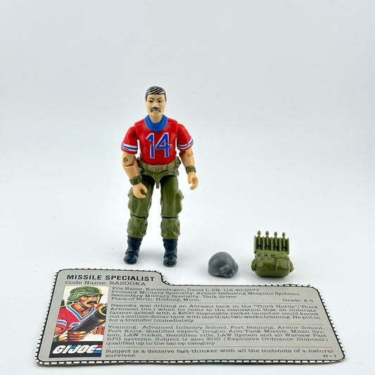 GI Joe action figure with accessories and character card against white background.