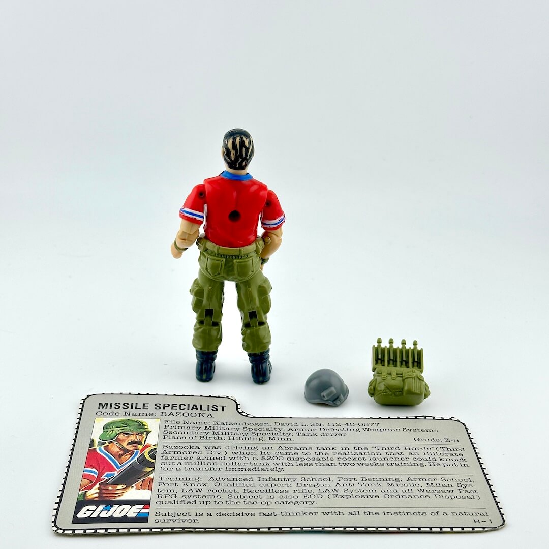 G.I. Joe action figure with accessories and a card on a white background