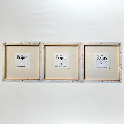 Three framed items with 'The Beatles' branding on a white wall.