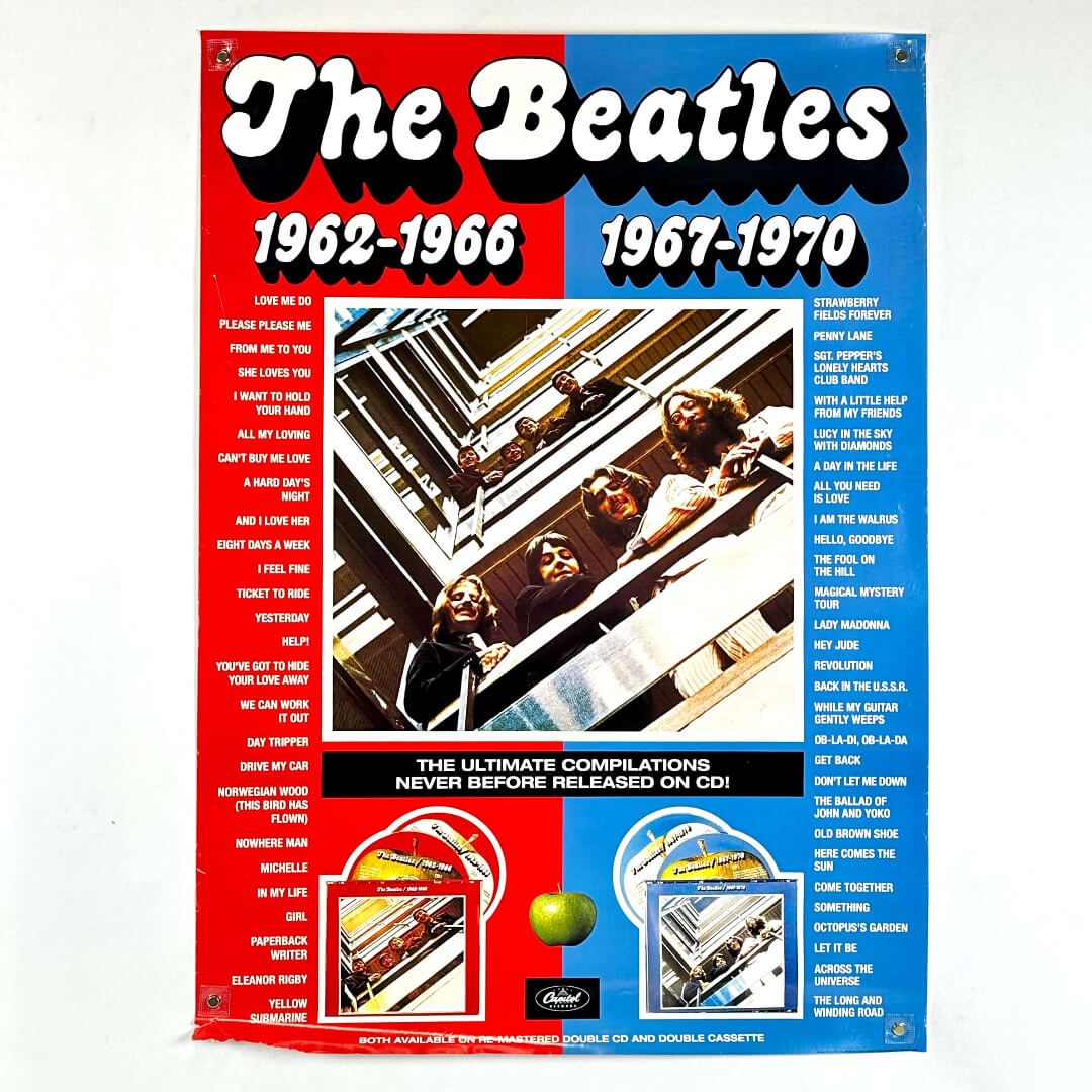 Promotional poster for The Beatles' albums from 1962 to 1970 with album cover images and text.