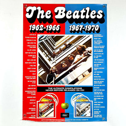 Promotional poster for The Beatles' albums from 1962 to 1970 with album cover images and text.