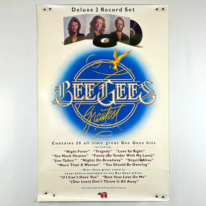 Promotional poster for Bee Gees 'Greatest Hits' record set on a white background