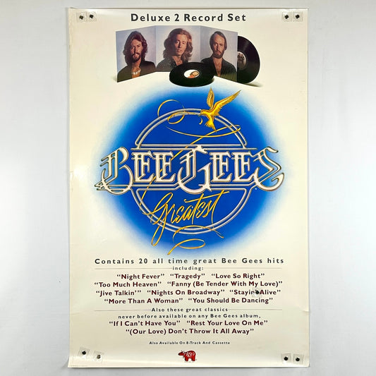 Promotional poster for Bee Gees 'Greatest Hits' record set on a white background