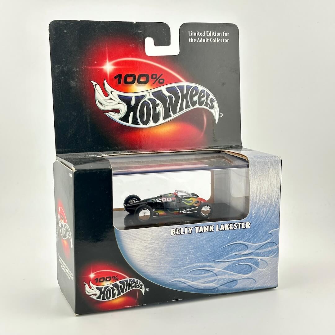 Hot Wheels Belly Tank Lakester diecast car in its original window box packaging, featuring a black and red race car.