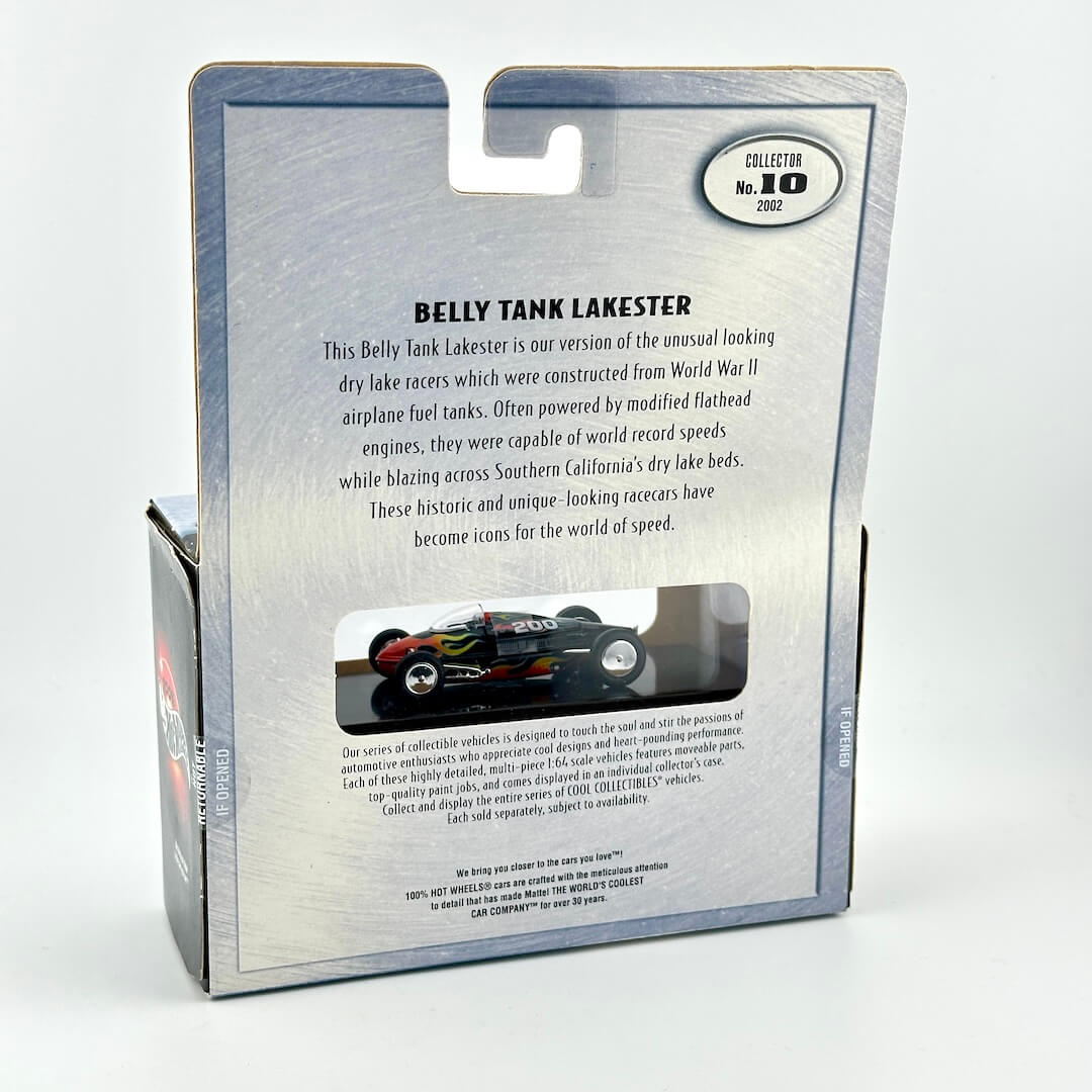 Packaged collectible model car set shown from the back, featuring a silver card insert with product description text.
