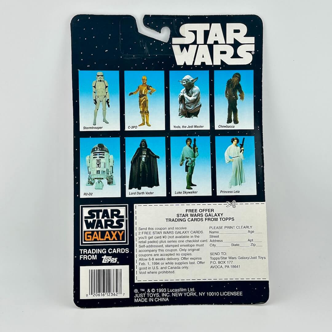 Vintage Star Wars action figure packaging with character illustrations on a white background