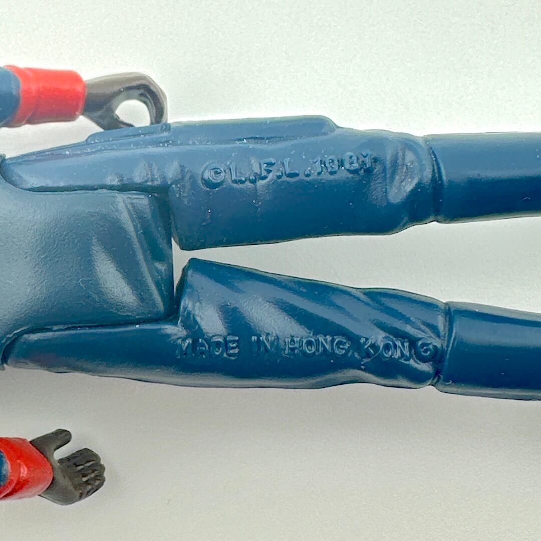 Close-up of back of figure's legs to show COO and copyright information.