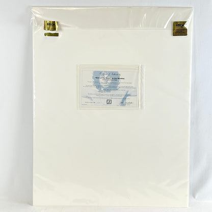 Backside of print with certificate and two golden sticker steals. 