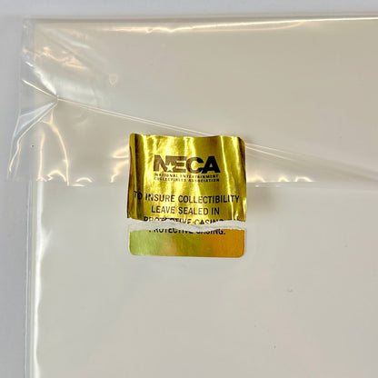 Gold NECA label on a clear plastic bag with a white background
