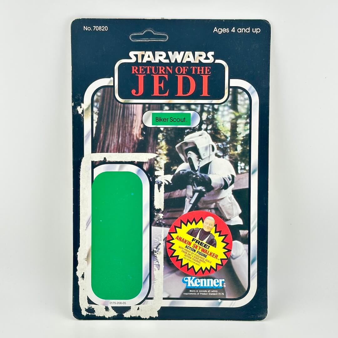 Vintage Star Wars action figure packaging with Biker Scout on a white background
