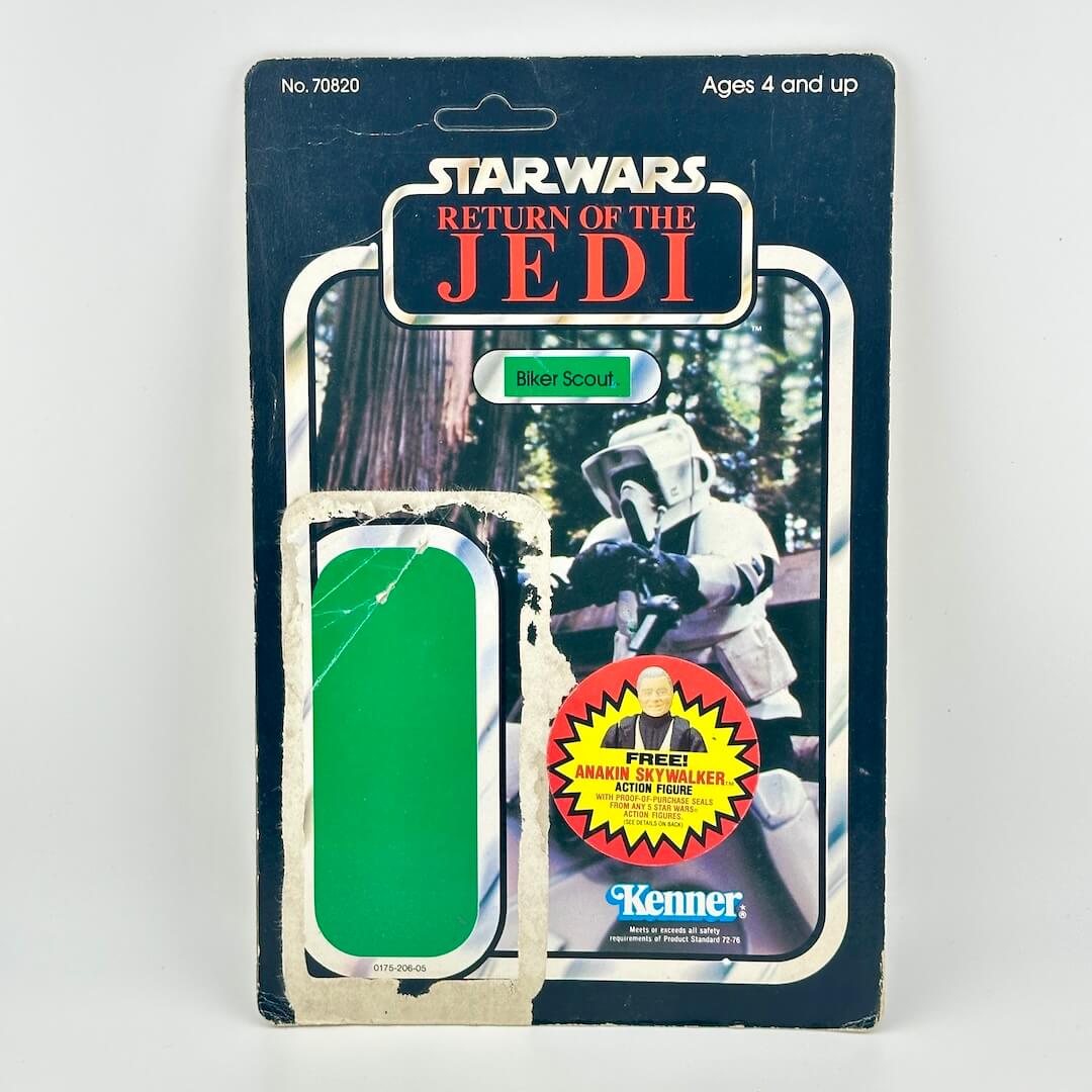 Vintage Star Wars action figure packaging with Biker Scout on a white background