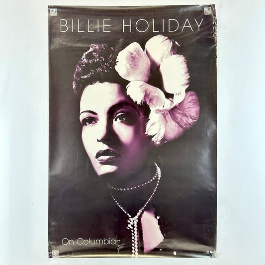 Poster of Billie Holiday with floral headpiece on a light gray background