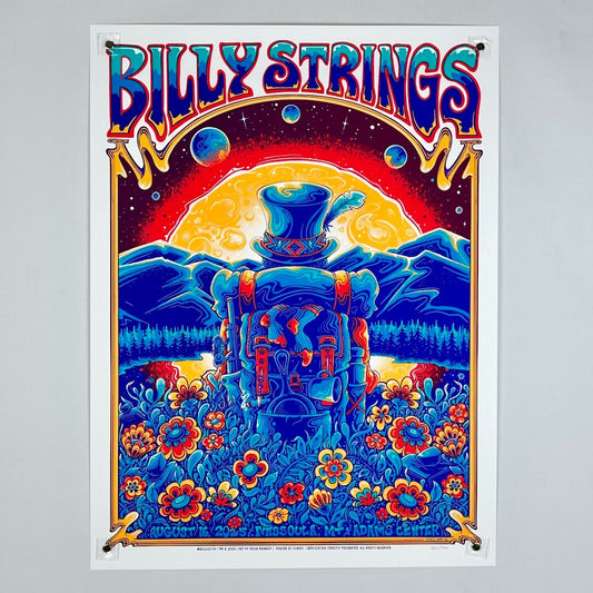 Colorful poster with 'Billy Strings' at the top, featuring a stylized landscape with mountains, flowers, and a large moon.