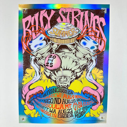 Colorful poster with 'Billy Strings, Summer' event details on a white background