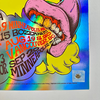 Colorful poster with text and graphic design elements on a white background. Bottom right corner.