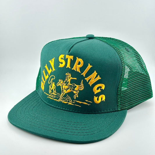 Green trucker hat with yellow 'Billy Strings' logo on a white background