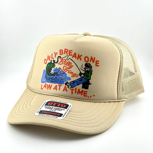Beige cap with fishing graphic and text on a white background