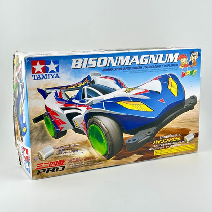 Tamiya Bison Magnum 1/12 scale model car kit in its original retail packaging, featuring a blue, white, and yellow race car.