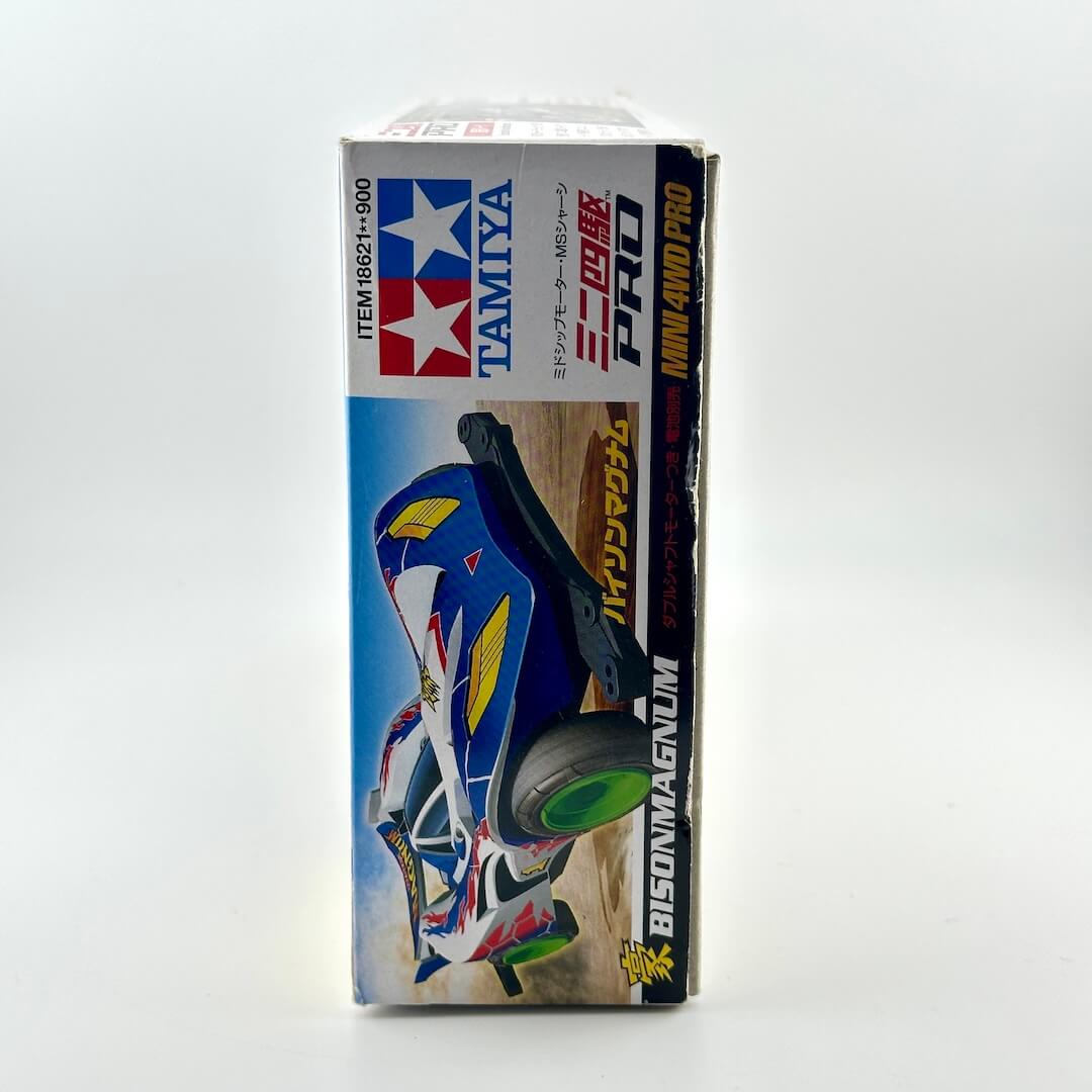 Tamiya Pro 1/12 scale model kit box for the Bison Magnum racing car, featuring a blue, white, and yellow race car illustration.