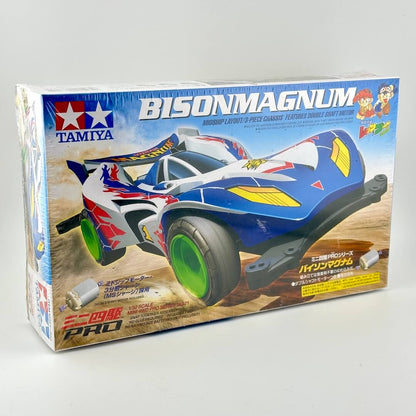 Tamiya Bison Magnum 1/32 Scale Racing Car Double Shaft Motor kit box, showing a blue, white, and yellow racing car.