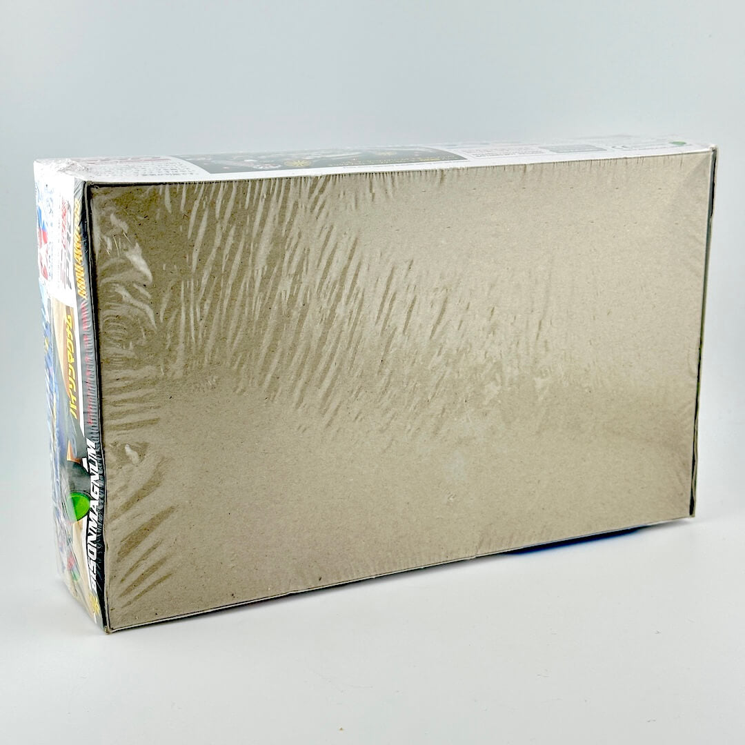 Reverse view of box showing cardboard base in plastic wrap.