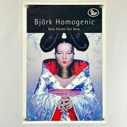 Promotional poster for Björk's 'Homogenic' album with a stylized portrait of the artist.