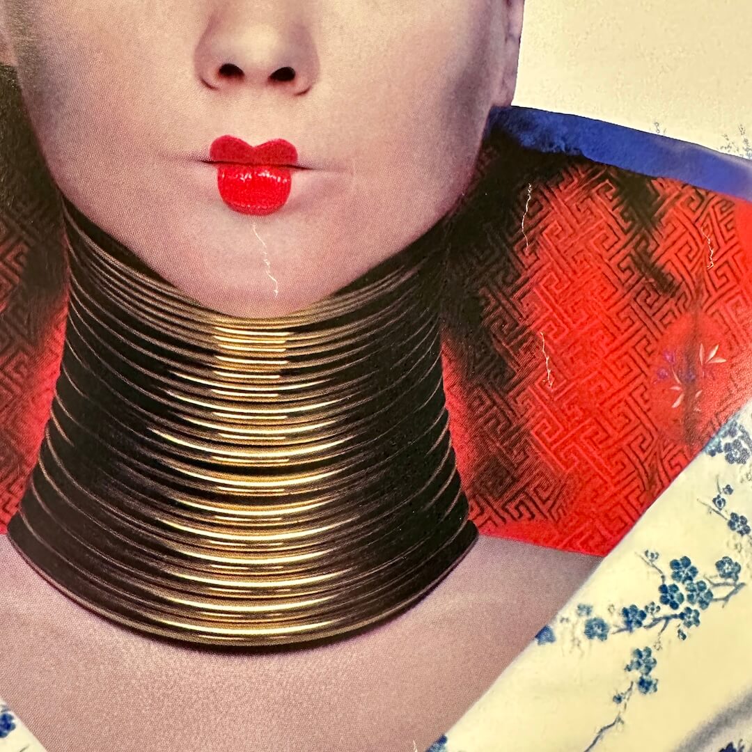 Close up of creases in center by artist mouth. 